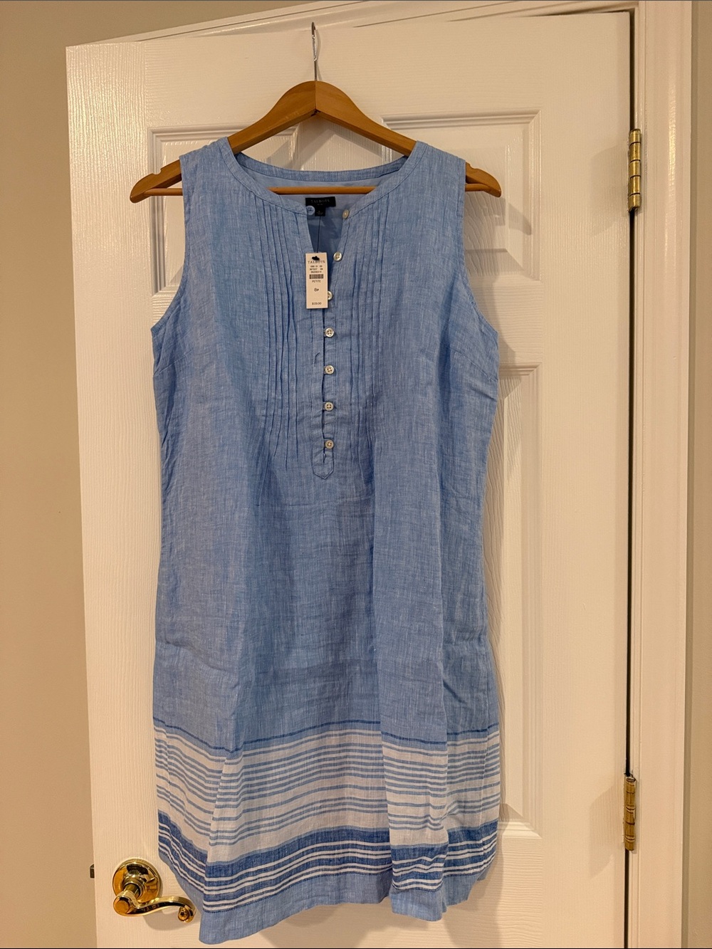 Talbots Light Blue Sleeveless Linen Shift Dress with Striped Hem